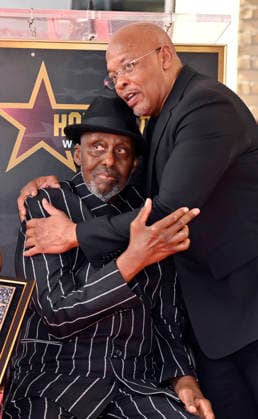 Actor and director Bill Duke (L) is joined by Dr. Dre during an unveiling ceremony honoring Duke with the 2,837th star on the Hollywood Walk of Fame in Los Angeles on Thursday, February 26, 2026.  LAP2026022616 JIMxRUYMEN