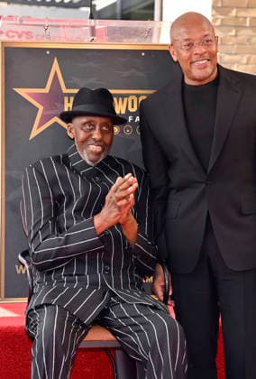 Actor and director Bill Duke (L) is joined by Dr. Dre during an unveiling ceremony honoring Duke with the 2,837th star on the Hollywood Walk of Fame in Los Angeles on Thursday, February 26, 2026.  LAP2026022618 JIMxRUYMEN