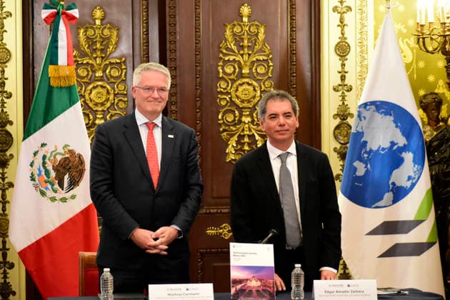 Secretary-General Delivers OECD Economic Surveys Delivers The Mexico 2026 Report Secretary-General of the Organisation for Economic Co-operation and Development, Mathias Cormann, delivers the OECD Economic Surveys: Mexico 2026 report to Mexico™s Minister of Finance and Public Credit, Edgar Amador Zamora, in the Pan-American Hall of the National Palace. on February 26, 2026 in Mexico City, Mexico. (Photo by Luis Barron Eyepix Group) Copyright: xLuisxBarronx xEyepixxGroupx LB_26022026_177002