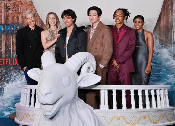 Cast members Taz Skylar, Emily Rudd, I–aki Godoy, Mackenyu, Jacob Romero and Charithra Chandran (L-R) attend Netflix s One Piece: Into the Grand Line Season 2 fan event at the United Theater On Broadway in downtown Los Angeles on Thursday, February 26, 2026. Storyline: Follows Monkey D. Luffy and his Straw Hat Pirates as they explore the dangerous Grand Line to find the legendary One Piece treasure and become the Pirate King. The story emphasizes friendship, adventure, and overcoming immense, often dark hardships in a world controlled by a corrupt government.  LAP20260226855 JIMxRUYMEN