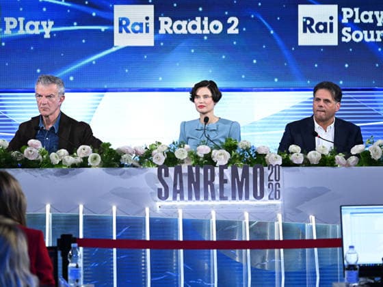 Sanremo, 76th Italian Song Festival. Press conference with Bianca Balti and the winners of Sanremo Giovani. Pictured are Claudio Fasulo, Bianca Balti, and Williams Di Liberatore.  Copyright: xMaurizioxD Avanzox xipa-agency.netx xPoolxSanremox02x IPA_Agency_IPA72101104