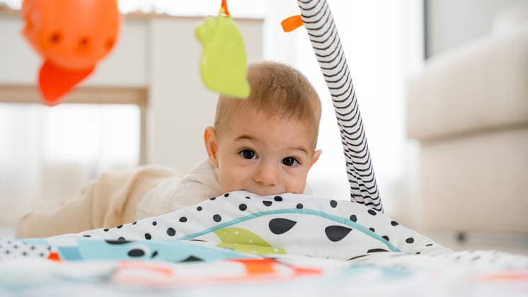 Cute five month old baby enjoying tummy time play A five month old baby enjoying tummy time on a patterned play mat, surrounded by colorful toys, encourages sensory exploration and development in a cozy home setting. Model Released SilviaRedondo_ID33604_1169899_007 Copyright: xSilviaxRedondox RECORD DATE NOT STATED