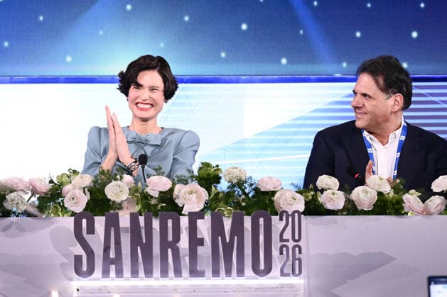February 27, 2026, Sanremo, Rome, Italy: February 26, 2026, Sanremo. 76th Italian Song Festival. Press conference. Pictured are Claudio Fasulo, Bianca Balti, and Williams Di Liberatore. Sanremo Italy  - ZUMAa289 20260227_zia_a289_154 Copyright: xMariaxLauraxAntonellix