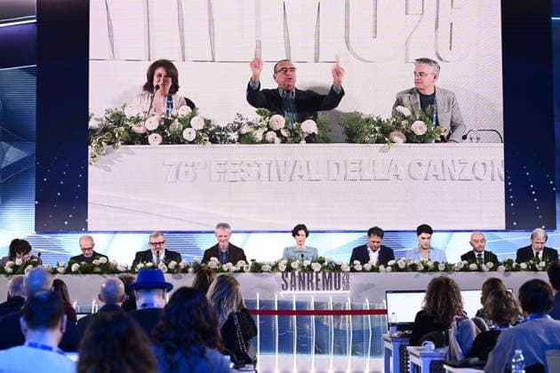 February 27, 2026, Sanremo, Rome, Italy: February 26, 2026, Sanremo. 76th Italian Song Festival. Press conference. Pictured are Angelica Bove, Dante Fabiani, Fabrizio Casinelli, Claudio Fasulo, Bianca Balti, Williams Di Liberatore, Nicolo Filippucci, and Alessandro Mager. Sanremo Italy  - ZUMAa289 20260227_zia_a289_153 Copyright: xMariaxLauraxAntonellix
