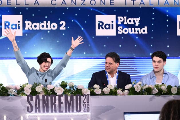February 27, 2026, Sanremo, Rome, Italy: February 26, 2026, Sanremo. 76th Italian Song Festival. Press conference. Pictured: Bianca Balti, Williams Di Liberatore, and Nicolo Filippucci. Sanremo Italy  - ZUMAa289 20260227_zia_a289_175 Copyright: xMariaxLauraxAntonellix