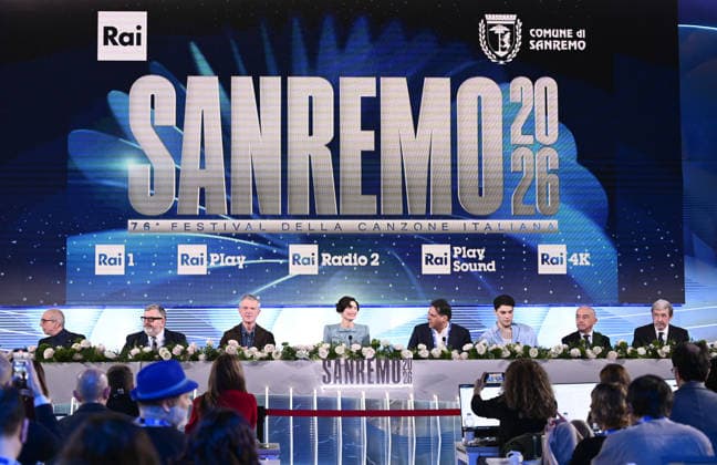 February 27, 2026, Sanremo, Rome, Italy: February 26, 2026, Sanremo. 76th Italian Song Festival. Press conference. Pictured are Dante Fabiani, Fabrizio Casinelli, Claudio Fasulo, Bianca Balti, Williams Di Liberatore, Nicolo Filippucci, and Alessandro Mager. Sanremo Italy  - ZUMAa289 20260227_zia_a289_174 Copyright: xMariaxLauraxAntonellix