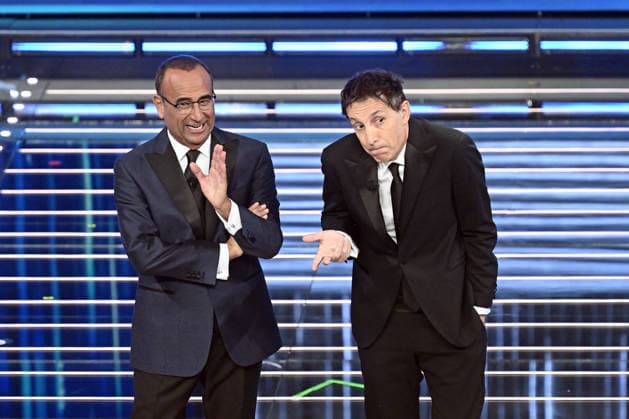 February 27, 2026, Sanremo, Rome, Italy: February 26, 2026, Sanremo. 76th Italian Song Festival. Third Evening. Pictured: Carlo Conti and Ubaldo Pantani. Sanremo Italy  - ZUMAa289 20260227_zia_a289_122 Copyright: xMariaxLauraxAntonellix