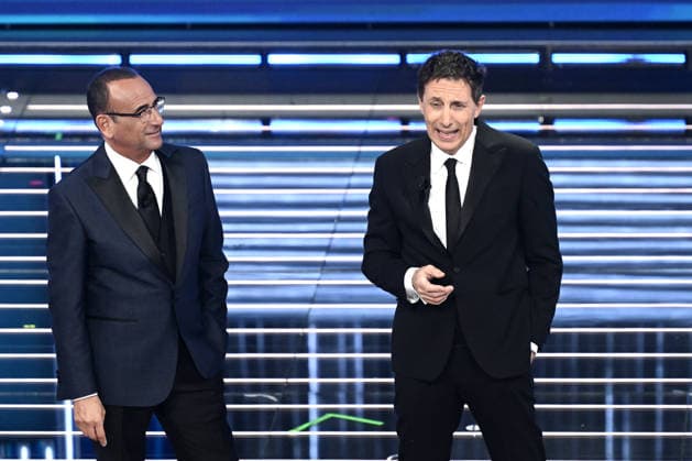 February 27, 2026, Sanremo, Rome, Italy: February 26, 2026, Sanremo. 76th Italian Song Festival. Third Evening. Pictured: Carlo Conti and Ubaldo Pantani. Sanremo Italy  - ZUMAa289 20260227_zia_a289_124 Copyright: xMariaxLauraxAntonellix