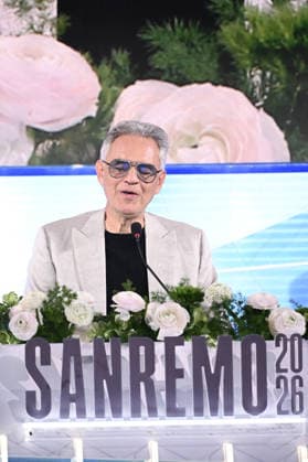 February 27, 2026, Sanremo, Rome, Italy: February 27, 2026, Sanremo. 76th Italian Song Festival. Press conference. Pictured: Andrea Bocelli and Veronica Berti. Sanremo Italy  - ZUMAa289 20260227_zia_a289_203 Copyright: xMariaxLauraxAntonellix