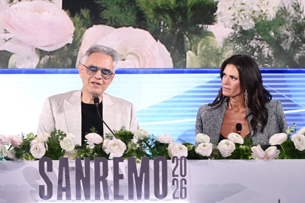 February 27, 2026, Sanremo, Rome, Italy: February 27, 2026, Sanremo. 76th Italian Song Festival. Press conference. Pictured: Andrea Bocelli and Veronica Berti. Sanremo Italy  - ZUMAa289 20260227_zia_a289_204 Copyright: xMariaxLauraxAntonellix