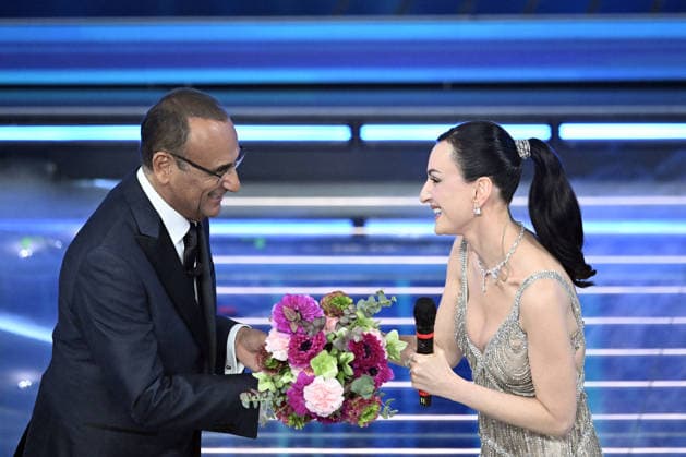 February 27, 2026, Sanremo, Rome, Italy: 76th Italian Song Festival. Third Night. Pictured: Carlo Conti, Arisa . Sanremo. Italy 26 Feb 2026 Sanremo Italy  - ZUMAa289 20260227_zia_a289_334 Copyright: xMariaxLauraxAntonellix