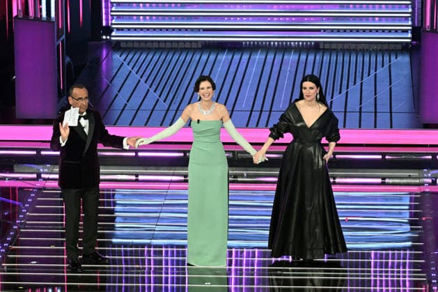 February 27, 2026, Sanremo, Rome, Italy: 76th Italian Song Festival, fourth night. Pictured: Carlo Conti, Laura Pausini, Bianca Balti . Sanremo. Italy 27 Feb 2026 Sanremo Italy  - ZUMAa289 20260227_zia_a289_383 Copyright: xMariaxLauraxAntonellix
