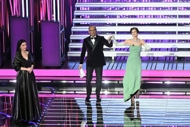 February 27, 2026, Sanremo, Rome, Italy: 76th Italian Song Festival, fourth night. Pictured: Carlo Conti, Bianca Balti, Laura Pausini . Sanremo. Italy 27 Feb 2026 Sanremo Italy  - ZUMAa289 20260227_zia_a289_385 Copyright: xMariaxLauraxAntonellix