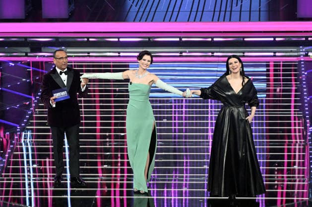 February 27, 2026, Sanremo, Rome, Italy: 76th Italian Song Festival, fourth night. Pictured: Carlo Conti, Bianca Balti, Laura Pausini . Sanremo. Italy 27 Feb 2026 Sanremo Italy  - ZUMAa289 20260227_zia_a289_386 Copyright: xMariaxLauraxAntonellix