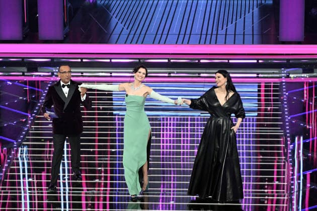 February 27, 2026, Sanremo, Rome, Italy: 76th Italian Song Festival, fourth night. Pictured: Carlo Conti, Bianca Balti, Laura Pausini . Sanremo. Italy 27 Feb 2026 Sanremo Italy  - ZUMAa289 20260227_zia_a289_387 Copyright: xMariaxLauraxAntonellix