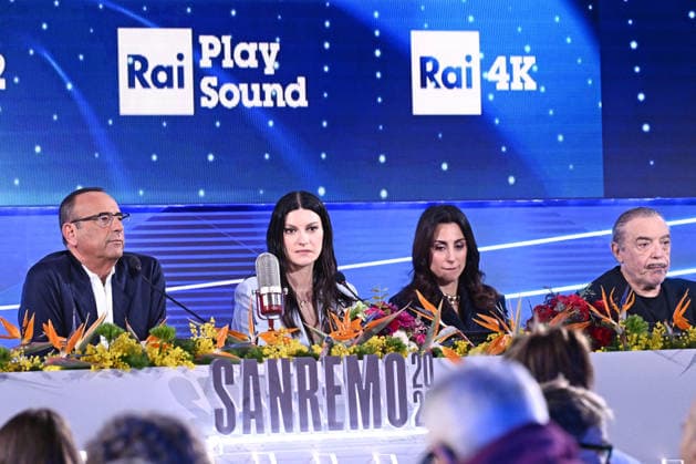 76th Italian Song Festival. Press conference. February 28, 2026, Sanremo. 76th Italian Song Festival. Press conference. Pictured are Carlo Conti, Laura Pausini, Giorgia Cardinaletti, and Nino Frassica., Credit:Maria Laura Antonelli Avalon Italy, Sanremo  Copyright: xMariaxLauraxAntonellix xAvalonx 1078955367