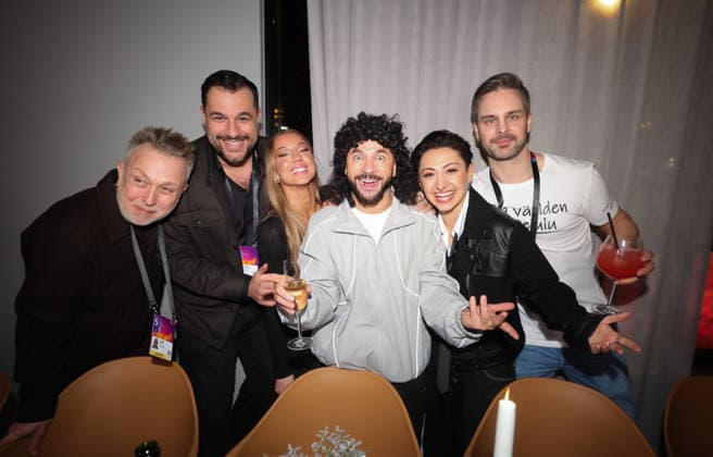 SUNDSVALL, SWEDEN 20260228 Finalist Lilla Al Fadji celebrates with Daniel RÃ hn, Edward af SillÃ n, Mikaela Samuelsson, Melanie Wehbe and Fredrik Sonefors during the after party at Clarion Hotel Sundsvall after round 5 of Melodifestivalen 2026 SUNDSVALL SWEDEN x11900x  Copyright: xPärxBäckström TTx MELODIFESTIVALEN 2026 SUNDSVALL EFTERFEST RHn7nvic0oo