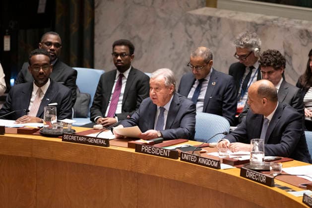 (260301) -- UNITED NATIONS, March 1, 2026 -- United Nations (UN) Secretary-General Antonio Guterres (C front) speaks at an emergency meeting of the Security Council regarding the U.S.-Israeli attack on Iran at the UN headquarters in New York, Feb. 28, 2026. Guterres on Saturday condemned the military escalation in the Middle East, saying that the use of force by the United States and Israel against Iran, and the subsequent retaliation by Iran across the region, undermine international peace and security. ) FOCUS UN chief condemns military escalation in Middle East XiexE 