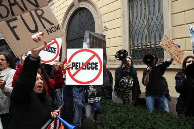 March 1, 2026, Milan, MILAN: Some people protest against furs outside the show of Italian label Giorgio Armani from the Fall Winter 2026 2027 collection at the Milan Fashion Week, in Milan, Italy, 1 March 2026. Milan Fashion Week runs from 24 Frebruary to 2 March 2026. .ANSA MATTEO BAZZI. Milan MILAN  - ZUMAa110 20260301_zaf_a110_113 Copyright: xMatteoxBazzix