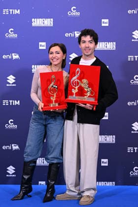 March 1, 2026, Sanremo, Rome, Italia: Fulminacci (R) poses with the Mia Martini Critics award, and Italian singer Serena Brancale (L) poses with the Sala Stampa Lucio Dalla award during a photocall at the 76th Sanremo Italian Song Festival, Sanremo, Italy, 01 March 2026. The 76th Sanremo Italian Song Festival started on 24 February and concluded on the evening of 28 February 2026.....1 Mar 2026 Sanremo Italia  - ZUMAa289 20260301_zia_a289_304 Copyright: xMariaxLauraxAntonellix