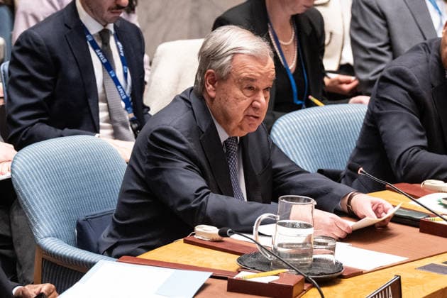 Emergency SC meeting on military escalation in Middle East Secretary-General Antonio Guterres speaks during emergency Security Council meeting on military escalation in Middle East held at UN Headquarters in New York, NY on February 28, 2026. Earlier in the day United States and Israel attacked Iran and Iran retaliated against US bases in Middle East as well as against Israel. According to Israeli sources Supreme leader of Iran Ayatollah Ali Khamenei and many other Iranian leaders have been killed in airstrikes, New York New York United States Copyright: LevxRadin