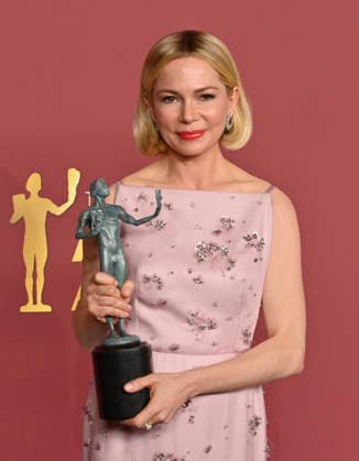 Michelle Williams, winner of the Outstanding Performance by a Female Actor in a Television Movie or Limited Series award for Dying For Sex appears backstage during the 32nd annual SAG Awards held at the Shrine Auditorium in Los Angeles on Sunday, March 1, 2026.  LAP20260301751 JIMxRUYMEN