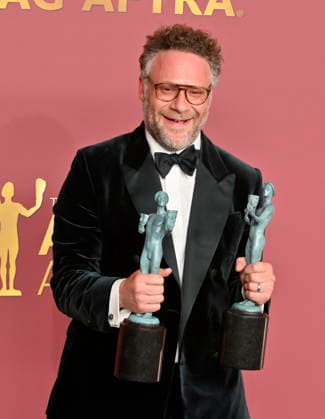 Seth Rogen, winner of the Outstanding Performance by an Ensemble in a Comedy Series Award (and Outstanding Performance by a Female Actor in a Comedy Series on behalf of Catherine O Hara) for The Studio, appears backstage during the 32nd annual SAG Awards held at the Shrine Auditorium in Los Angeles on Sunday, March 1, 2026.  LAP20260301873 JIMxRUYMEN