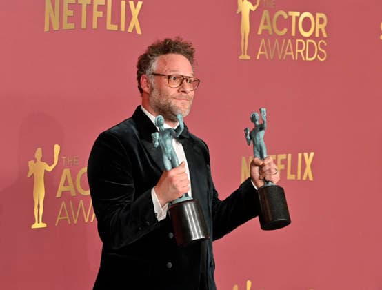 Seth Rogen, winner of the Outstanding Performance by an Ensemble in a Comedy Series Award (and Outstanding Performance by a Female Actor in a Comedy Series on behalf of Catherine O Hara) for The Studio, appears backstage during the 32nd annual SAG Awards held at the Shrine Auditorium in Los Angeles on Sunday, March 1, 2026.  LAP20260301875 JIMxRUYMEN