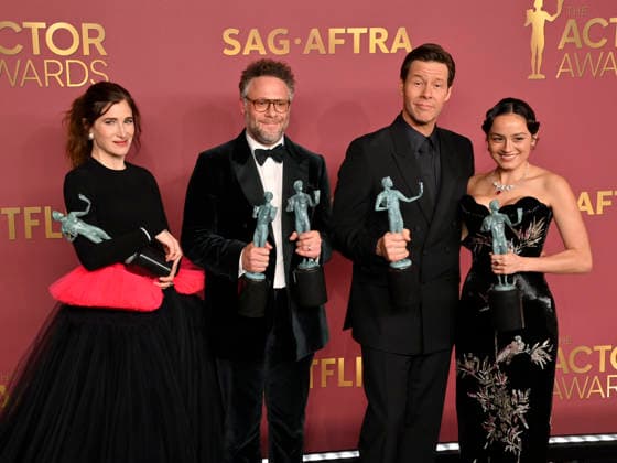 Kathryn Hahn, Seth Rogen, Ike Barinholtz, and Chase Sui Wonders, winners of the Outstanding Performance by an Ensemble in a Comedy Series Award (and Outstanding Performance by a Female Actor in a Comedy Series on behalf of Catherine O Hara) for The Studio, appear backstage during the 32nd annual SAG Awards held at the Shrine Auditorium in Los Angeles on Sunday, March 1, 2026.  LAP20260301894 JIMxRUYMEN