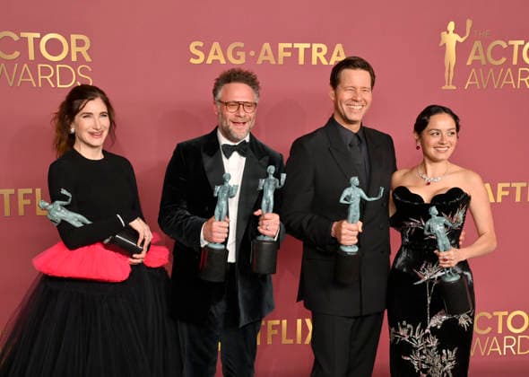 Kathryn Hahn, Seth Rogen, Ike Barinholtz, and Chase Sui Wonders, winners of the Outstanding Performance by an Ensemble in a Comedy Series Award (and Outstanding Performance by a Female Actor in a Comedy Series on behalf of Catherine O Hara) for The Studio, appear backstage during the 32nd annual SAG Awards held at the Shrine Auditorium in Los Angeles on Sunday, March 1, 2026.  LAP20260301896 JIMxRUYMEN