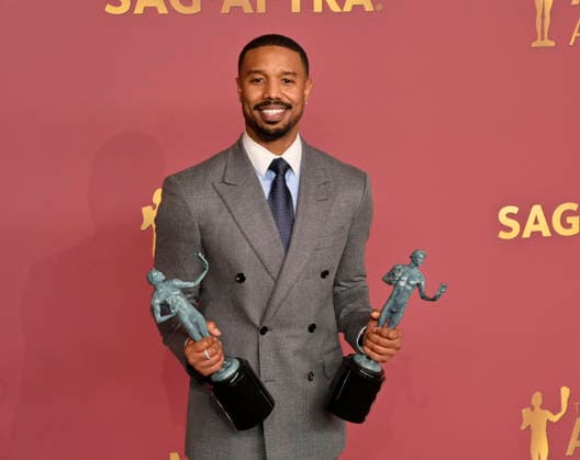 Michael B. Jordan, winner of the Outstanding Performance by a Male Actor in a Leading Role and Outstanding Performance by a Cast in a Motion Picture for Sinners, appears backstage during the 32nd annual SAG Awards held at the Shrine Auditorium in Los Angeles on Sunday, March 1, 2026.  LAP20260301142 JIMxRUYMEN