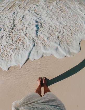 Female legs and feet on sandy beach as frothy waves approach. Grace Bay, Caicos Islands, Turks and Caicos Islands CR_DOHO26022882-1973351-01 ,model released, Symbolfoto