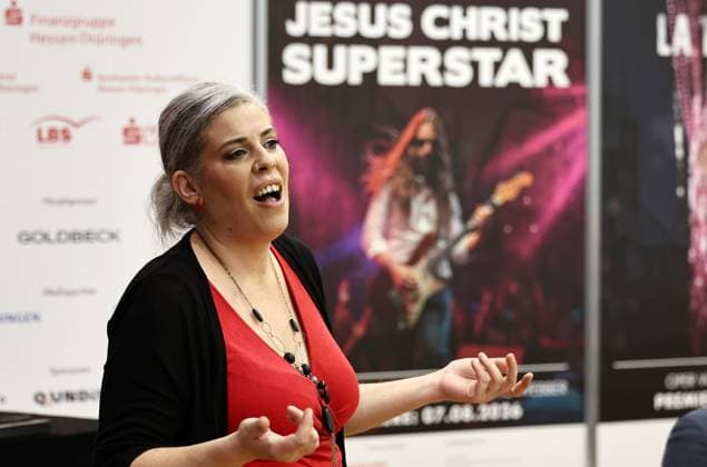 Pressekonferenz Domstufenfestspiel Jesus Christ Superstar 02.03.2026, Erfurt, Sparkassen-Finanzzentrum, Rotunde, Pressekonferenz zu den Domstufenfestspielen 2026 - Rock-Musical Jesus Christ Superstar von Andrew Lloyd Webber und Tim Rice im Bild: Katja Bildt wird die Maria verkoerpern