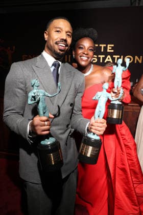 LOS ANGELES, CA - MARCH 1: Michael B. Jordan and Wunmi Mosaku at the 2026 Screen Actors Guild Awards After Party at the Shrine Auditorium in Los Angeles, California on March 1, 2026. Copyright: xWalikxGoshornx