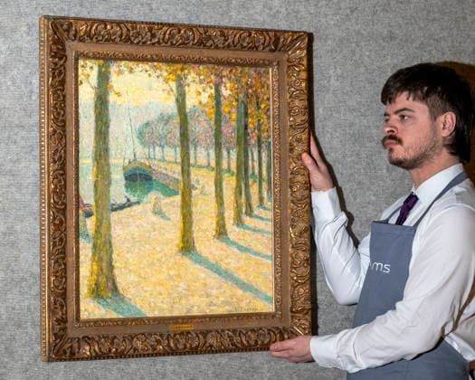 March 2, 2026, London, London, UK: LONDON, UK. An art handler with Les arbres sur la rive, Quimperlo by Henri Le Sidaner (Estimate Ã‚Â£150,000 - Ã‚Â£200,000) at a preview of Bonhams 20th & 21st Century Art sale. Lots will be auctioned at BonhamsÃ¢â‚¬â ¢ New Bond Street galleries on 6 March. London UK  - ZUMAl94_ 20260302_zaf_l94_020 Copyright: xStephenxChungx
