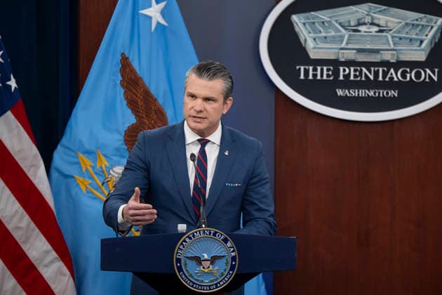 March 2, 2026, Washington, Dc, United States of America: U.S. Defense Secretary Pete Hegseth, right, responds to a question during a press briefing with Joint Chiefs of Staff Gen. Dan Caine to discuss Operation Epic Fury at the Pentagon, March 2, 2026, in Washington, D.C. Washington United States of America - ZUMAp138 20260302_zaa_p138_004 Copyright: xSsgt.xMadelynxKeech Dodx