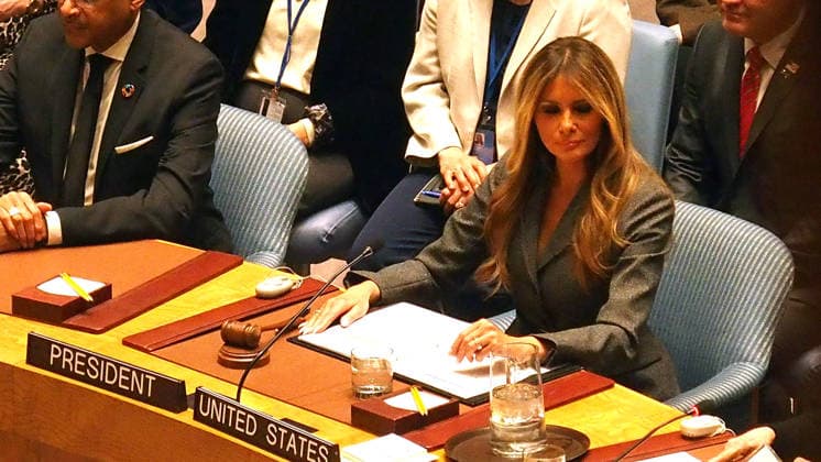 March 2, 2026, Manhattan, New York, USA: New York, New York 2.23.2026.. First Lady Melania Trump made history at the United Nations, taking the gavel as the United States assumes the Security Council Presidency to emphasize educationÃ¢â‚¬â ¢s role in advancing tolerance and world peace...Mrs. TrumpÃ¢â‚¬â ¢s leadership marked the first time a sitting U.S. First Lady presides over the Security Council as members consider education, technology, peace, and security. Manhattan USA - ZUMAct2_ 20260302_faf_ct2_040 Copyright: xBrucexCotlerx