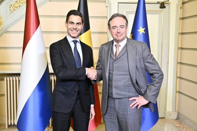 Prime Minister of the Netherlands Rob Jetten and Prime Minister Bart De Wever pictured during a meeting at Wetstraat 16 Rue de la loi, in Brussels, Tuesday 03 March 2026.  ERICxLALMAND 166359228