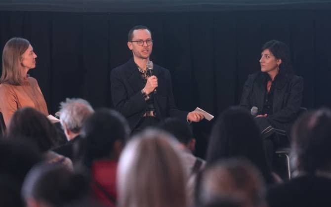 Whitney Biennial 2026 opens at the Whitney Museum in New York City NEW YORK, UNITED STATES - MARCH 03: Organizers of Whitney Biennial 2026, Drew Sawyer (Center) and Marcela Guerrero talk about the biennial during the press preview at the Whitney Museum on Tuesday, March 3, 2026 in New York City, United States. Selcuk Acar Anadolu New York United States. Editorial use only. Please get in touch for any other usage.  Copyright: x2026xAnadoluxSelcukxAcarx
