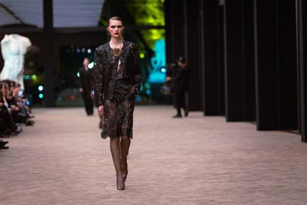 PFW - Saint Laurent Runway A model presents a creation for Saint Laurent for the Women s Ready to Wear Fall Winter 2026-2027 collection fashion show as part of the Paris Women Fashion Week (PFW), in Paris, on March 3, 2026. Photo by Alexis Jumeau ABACAPRESS.COM Paris France  Copyright: xJumeauxAlexis ABACAx