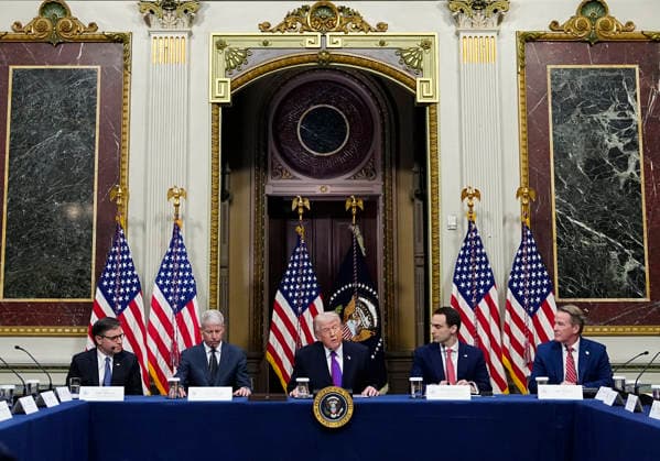 President Donald Trump speaks during a roundtable on the Ratepayer Protection Pledge in the Indian Treaty Room in the Eisenhower Executive Office Building near the White House in Washington, DC on Wednesday, March 4, 2026. Technology firms that sign the pledge will commit to ensuring artificial intelligence infrastructure does not raise utility bills for households and small businesses.  WAP202603049004 BONNIExCASH