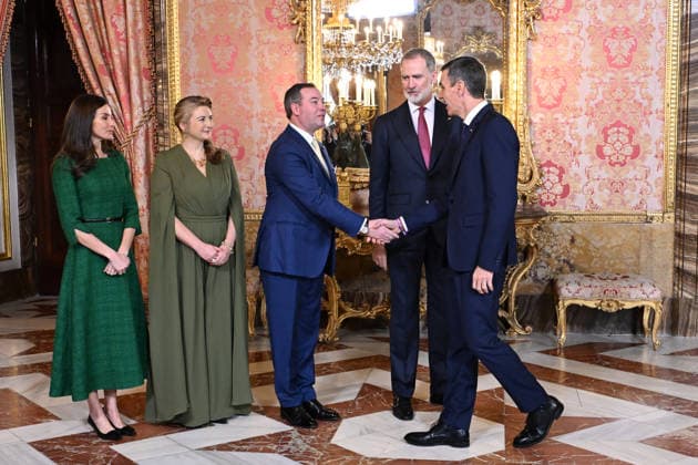 The King and Queen offer a lunch in honor of the Grand Dukes of Luxembourg at the Royal Palace Queen Letizia, Stéphanie de Lannoy, William V of Luxembourg, King Felipe VI and the President of the Government, Pedro Sánchez, during the reception held before the lunch held at the Royal Palace, on March 5, 2026, in Madrid Spain.  Copyright: xJosÃ xOlivax 7340533