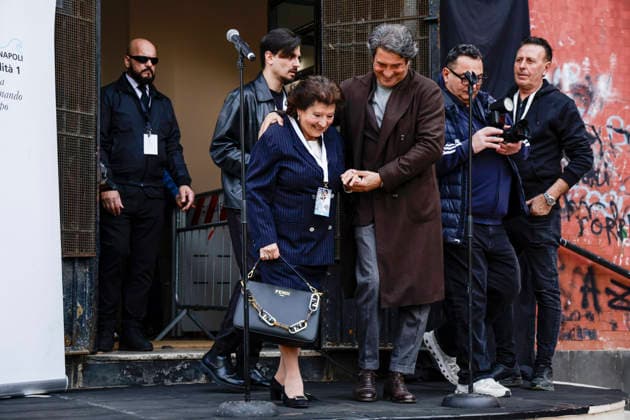 Celebration in Naples for Sal Da Vinci After Victory at the Sanremo Festival After his victory at the Sanremo Festival, Sal Da Vinci returns to Naples and performs in his neighbourhood. The party, which lasted about half an hour, took place on the steps of the first municipality headquarters in Largo Torretta, Chiaia: the singer appeared before the public to the tune of Per sempre si, sung and danced to by hundreds of people. In photo Anna Febbraro, Mather of Sal Da Vinci e Francesco Sorrentino, brother of Sal Da Vinci _BPH7227 Copyright: xAntonioxBalascox