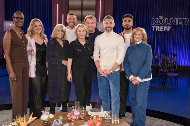 Anna Dushime, Lisa Feller, Alice Schwarzer, Lukas Podolski, Susan Link, Markus Krampe, Micky Beisenherz, Tahsim Durgun und Johanna Gastdorf bei der Aufzeichnung der WDR-Talkshow Kölner Treff im WDR Studio BS 3. Köln, 05.03.2026