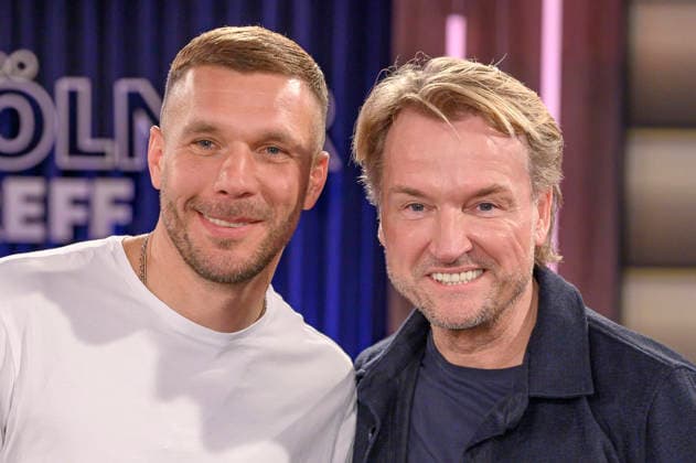 Lukas Podolski und Markus Krampe bei der Aufzeichnung der WDR-Talkshow Kölner Treff im WDR Studio BS 3. Köln, 05.03.2026