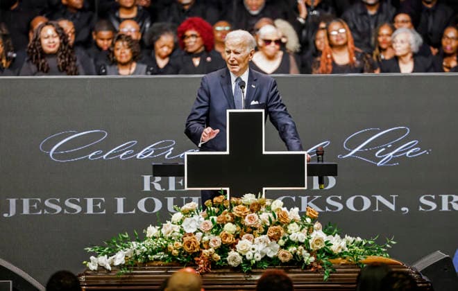 Former President Joe Biden speaks at the public Homegoing Service for the Reverend Jesse Jackson at the House of Hope church in Chicago, Illinois, on Friday, March 6, 2026. The public service is for the general public to pay respects and honor Jackson. Jackson, a well known advocate for civil rights and for the poor, and two time presidential candidate, died February 17, 2026 after suffering from progressive supranuclear palsy.  CHI20260305744 TANNENxMAURY