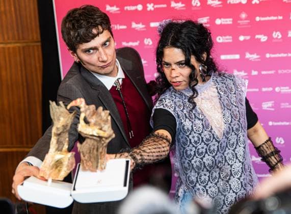 Maxi Delmelle (Aimer perdre) and Maria Cavalier-Bazan (Aimer perdre)winner Of Most Promising Actor winner Of Most Promising Actress pose for the photographer at the 15th edition of the Rene du Cinema film awards ceremony, Saturday 07 March 2026, in Brussels. The awards are rewarded to movies of Belgian French-speaking producers.  EMILExWINDAL 166793628