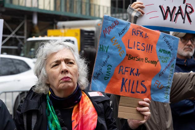 March 7, 2026, New York, New York, USA: Scientists, health professionals, students and community advocates attend the Stand Up For Science Rally to Take Back Science at City Hall Park in Lower Manhattan demanding scientific integrity, strong public health protections, and democratic accountability. A person holds a sign that reads RFK Jr. LIES!!! BATSHIT BOBBY RFK JR. KILLS MEASLES ALUMINUM LYME HIV COVID Mifepristone FLUORIDE AUTISM TESTOSTERONE ACETAMINOPHEN FLU HEPATITIS B. Protesters denounce the Trump administration s massive cuts to government research funding and grants, the downsizing of federal science agency staff, the overhaul of the nationÃ¢â‚¬â ¢s public health policies under U.S. Secretary of Health and Human Services R. F. - ZUMAr174 20260307_znp_r174_011 Copyright: xGinaxMxRandazzox