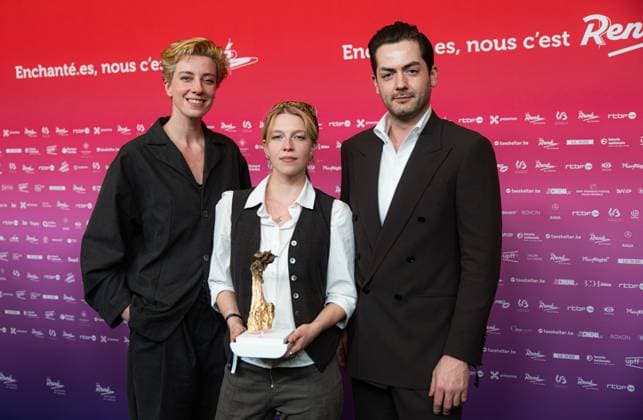 Winner of Best Flemish Film, Julian of Cato Kusters, Michiel D Hondt and Laurence Roothooft pose for the photographer at the 15th edition of the Rene du Cinema film awards ceremony, Saturday 07 March 2026, in Brussels. The awards are rewarded to movies of Belgian French-speaking producers.  EMILExWINDAL 166821587