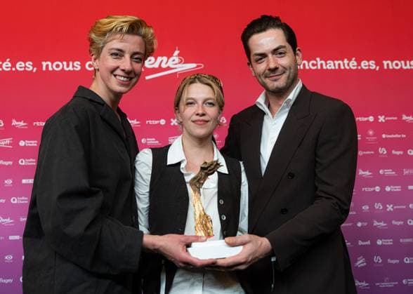 Winner of Best Flemish Film, Julian of Cato Kusters, Michiel D Hondt and Laurence Roothooft pose for the photographer at the 15th edition of the Rene du Cinema film awards ceremony, Saturday 07 March 2026, in Brussels. The awards are rewarded to movies of Belgian French-speaking producers.  EMILExWINDAL 166821592